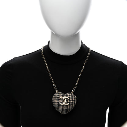 Chanel Tweed Lambskin CC Heart Locket Necklace Gold Black Beige 2 of 7