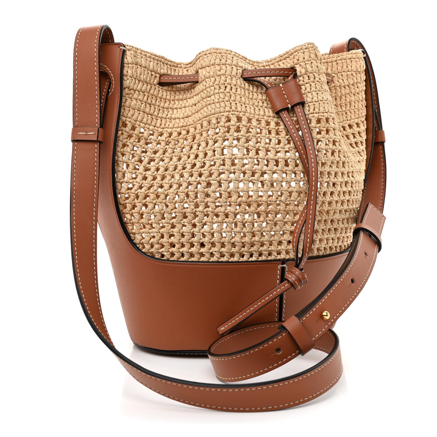 Raffia Calfskin Balloon Bucket Bag Natural Tan