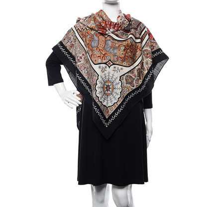 Hermes Cashmere Silk Aux Portes Du Palais Shawl 140 Black Beige Rouge 2 of 4