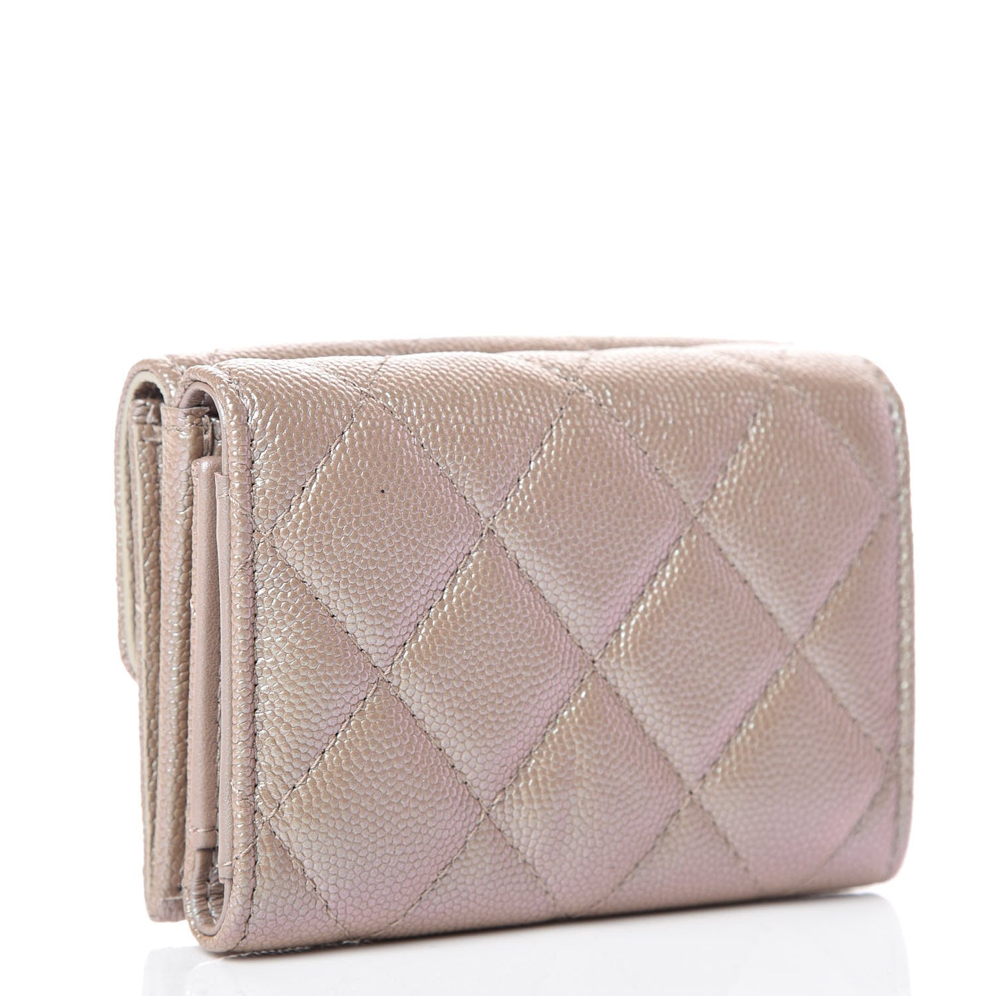 Iridescent Caviar Quilted Double Flap Wallet Beige
