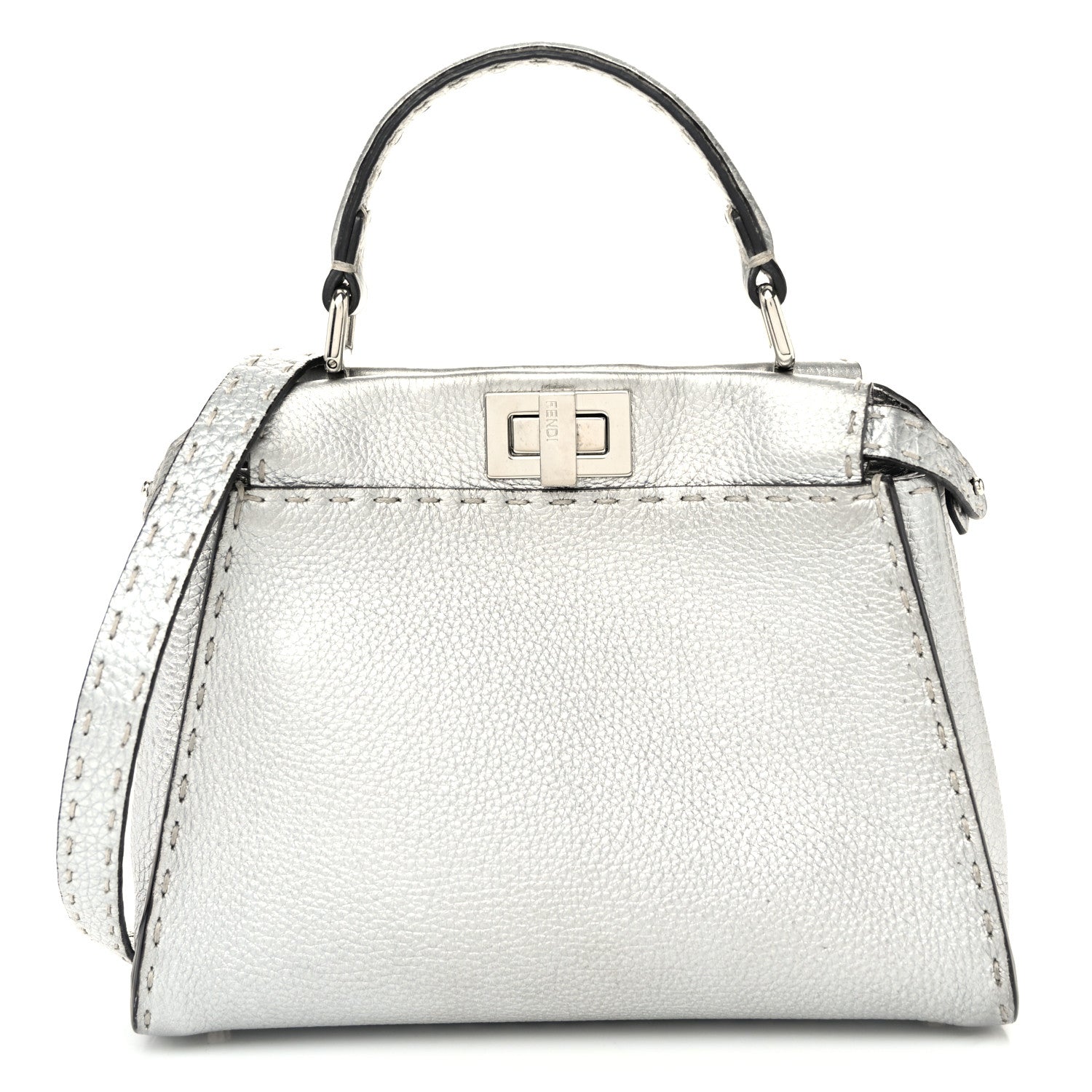 Fendi Cuoio Romano Lux Selleria Mini Peekaboo Iconic Satchel Argento 1 of 10