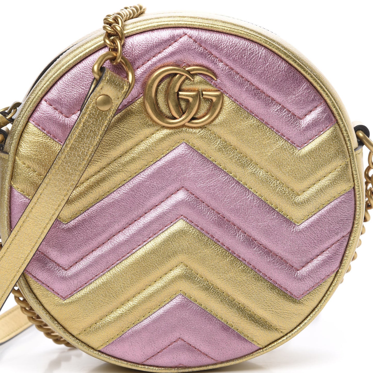 Metallic Nappa Matelasse Heart Mini GG Marmont Round Shoulder Bag Oro Vecchio Rosa