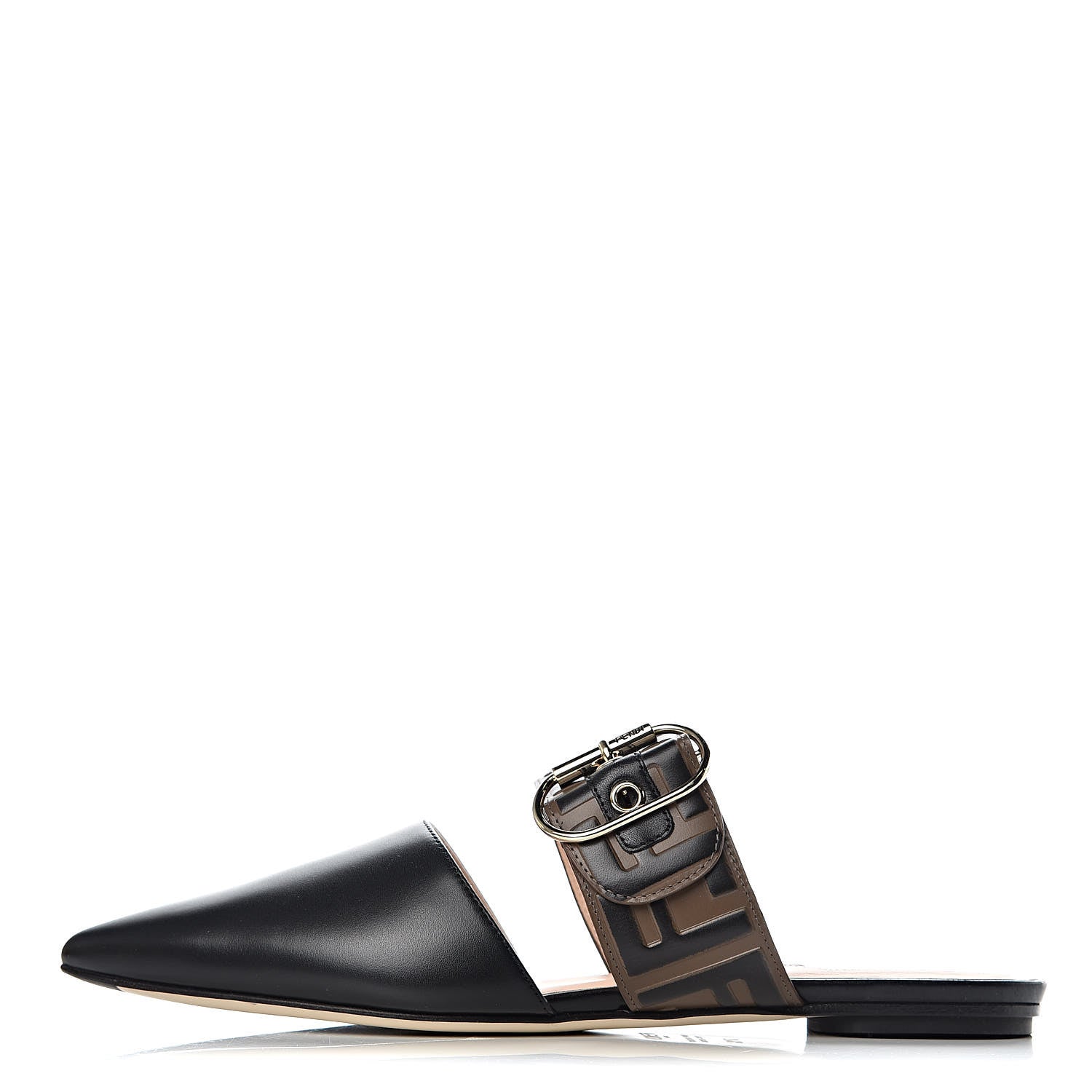Fendi Vitello FF Embossed Buckle Flat Mules 37.5 Maya Black 1 of 8