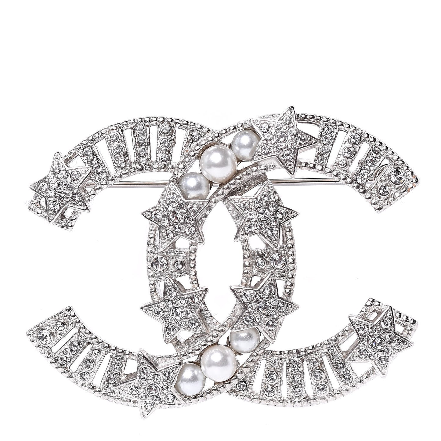 Crystal Pearl CC Star Coco Flapper Brooch Silver