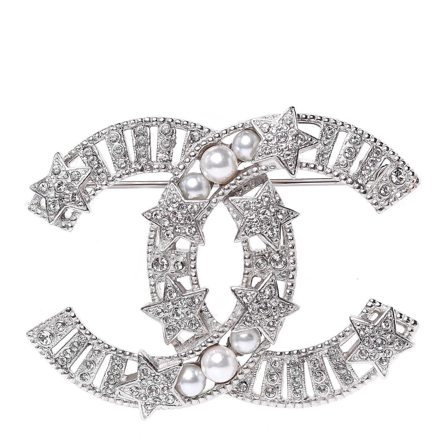 Chanel Crystal Pearl CC Star Coco Flapper Brooch Silver 1 of 5