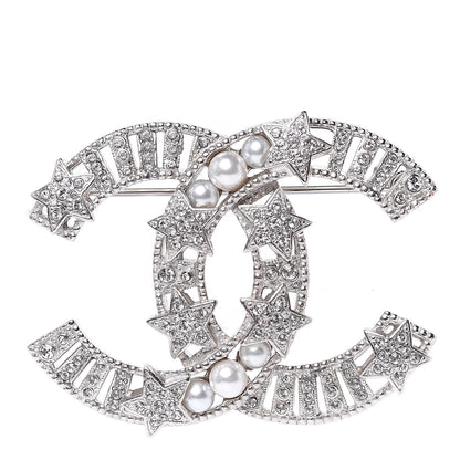 Chanel Crystal Pearl CC Star Coco Flapper Brooch Silver 1 of 5