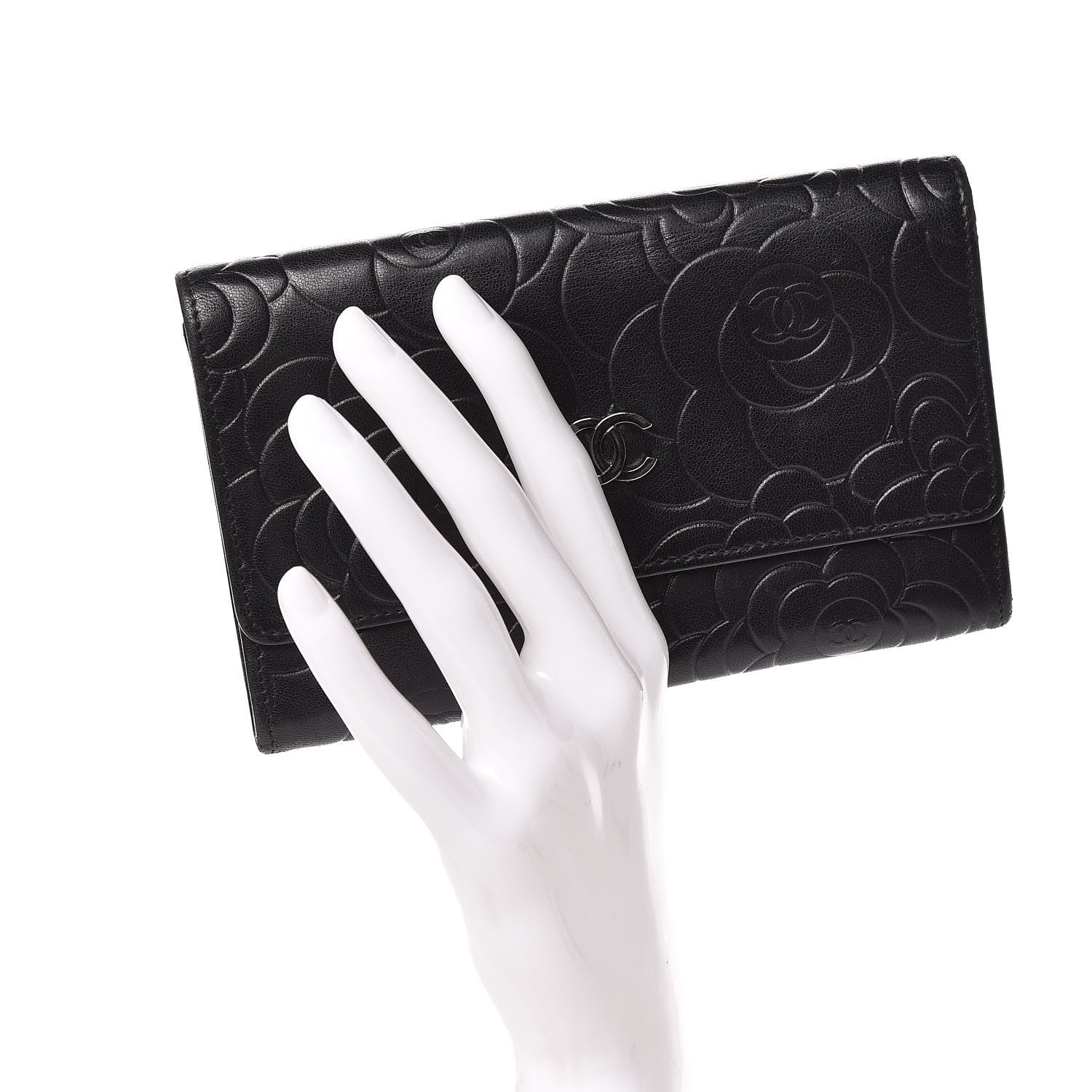 Chanel Lambskin Camellia Embossed Medium Wallet Black 2 of 8