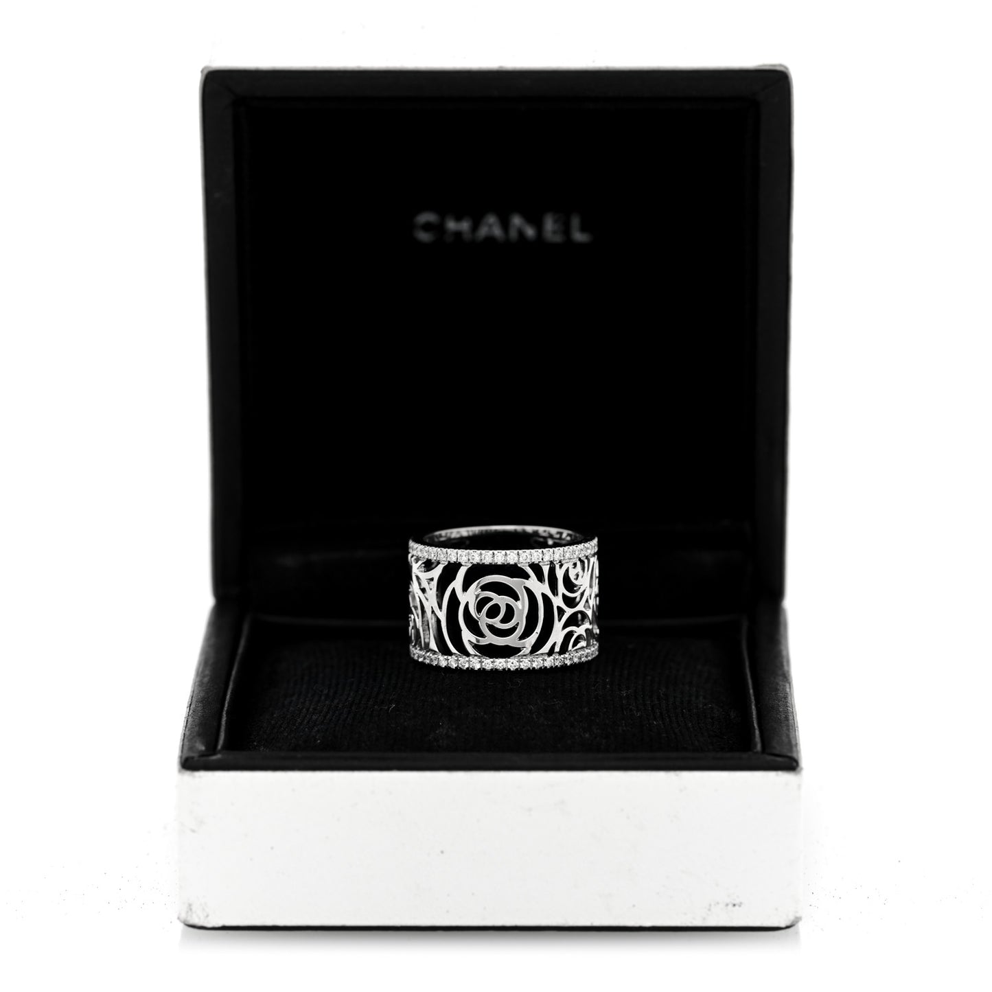 18K White Gold Diamond Camellia Ajoure Band Ring 50 5.5