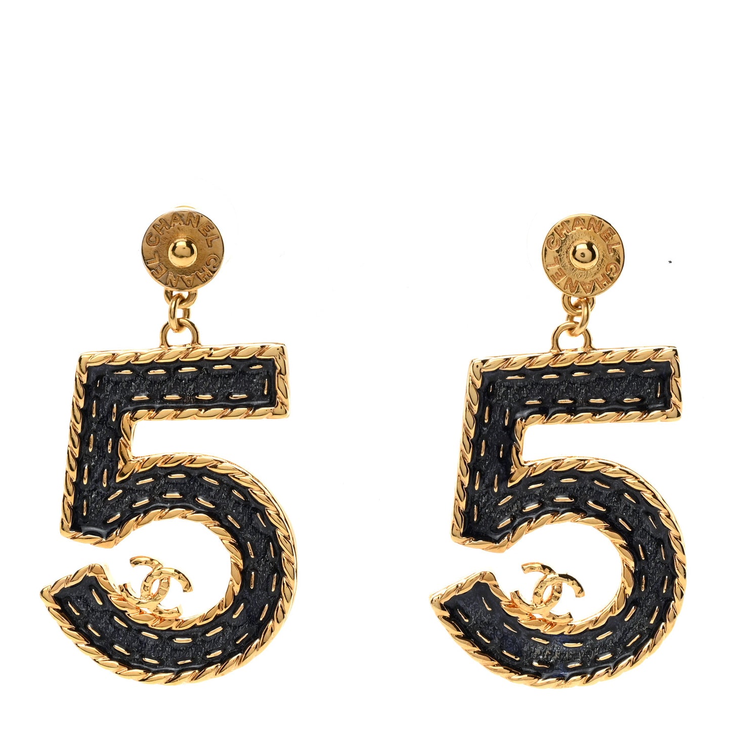 Metal Enamel CC No 5 Rope Drop Earrings Gold Denim Blue