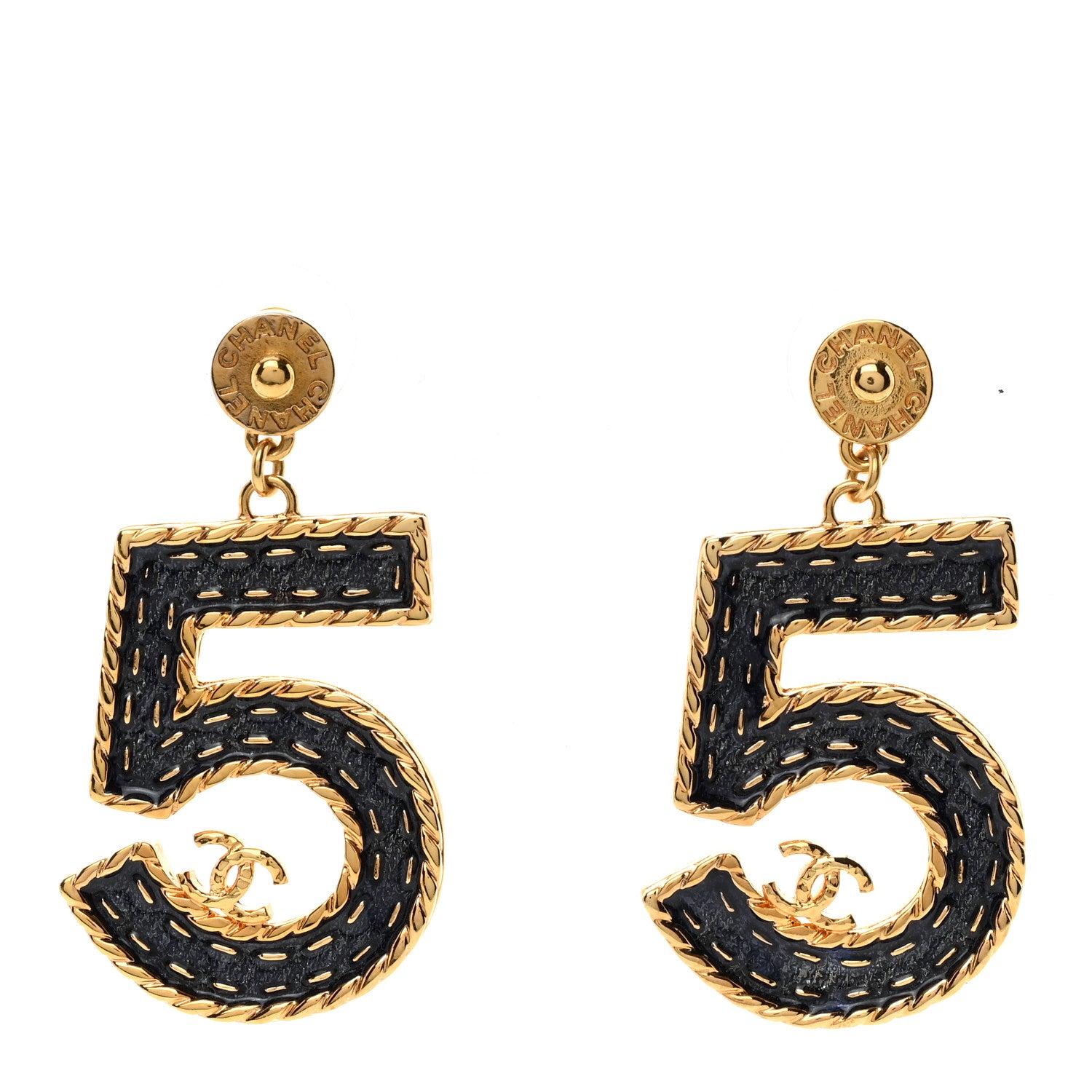 Chanel Metal Enamel CC No 5 Rope Drop Earrings Gold Denim Blue 1 of 5