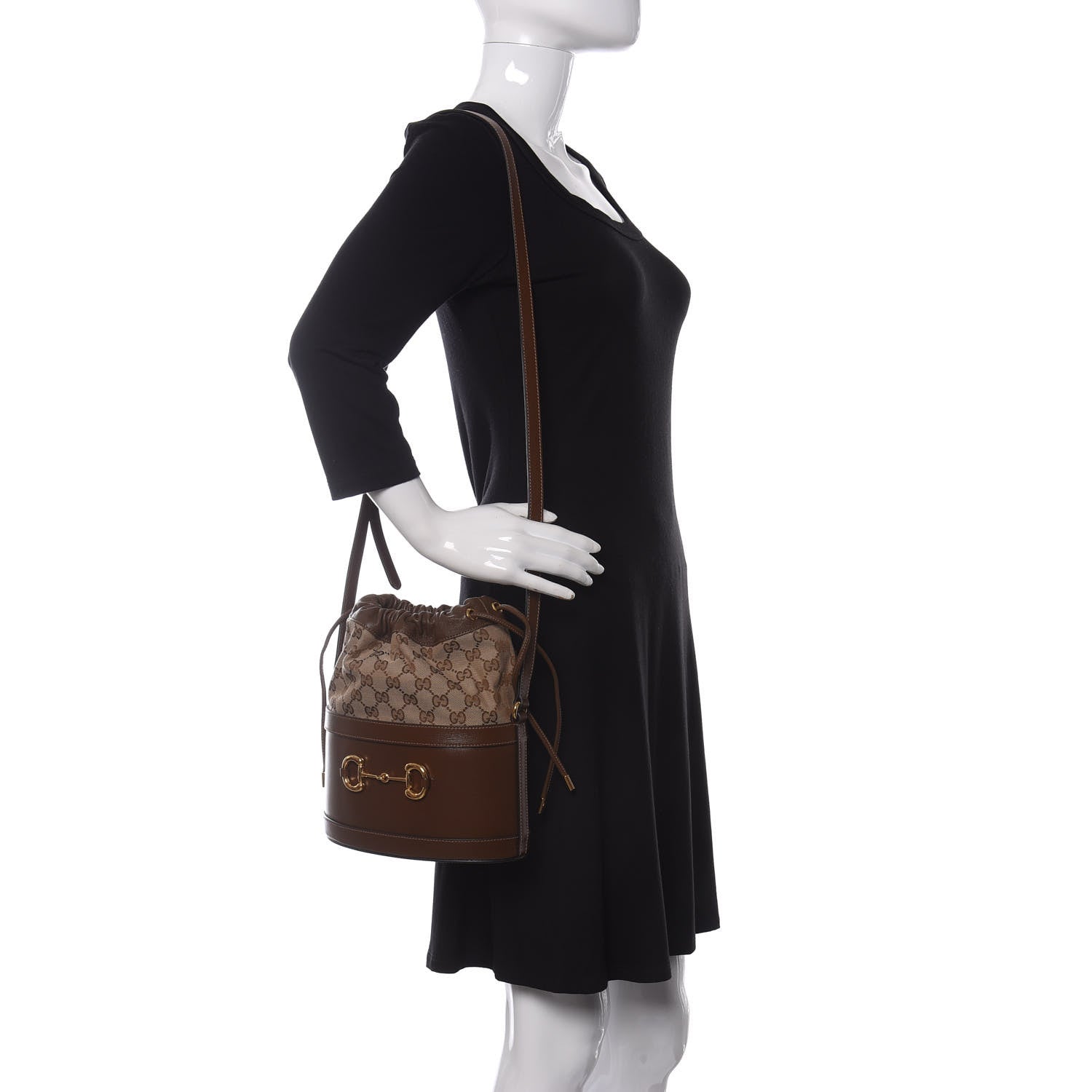 Gucci Monogram Textured Calfskin Horsebit 1955 Drawstring Bucket Bag Beige Brown Sugar 2 of 9