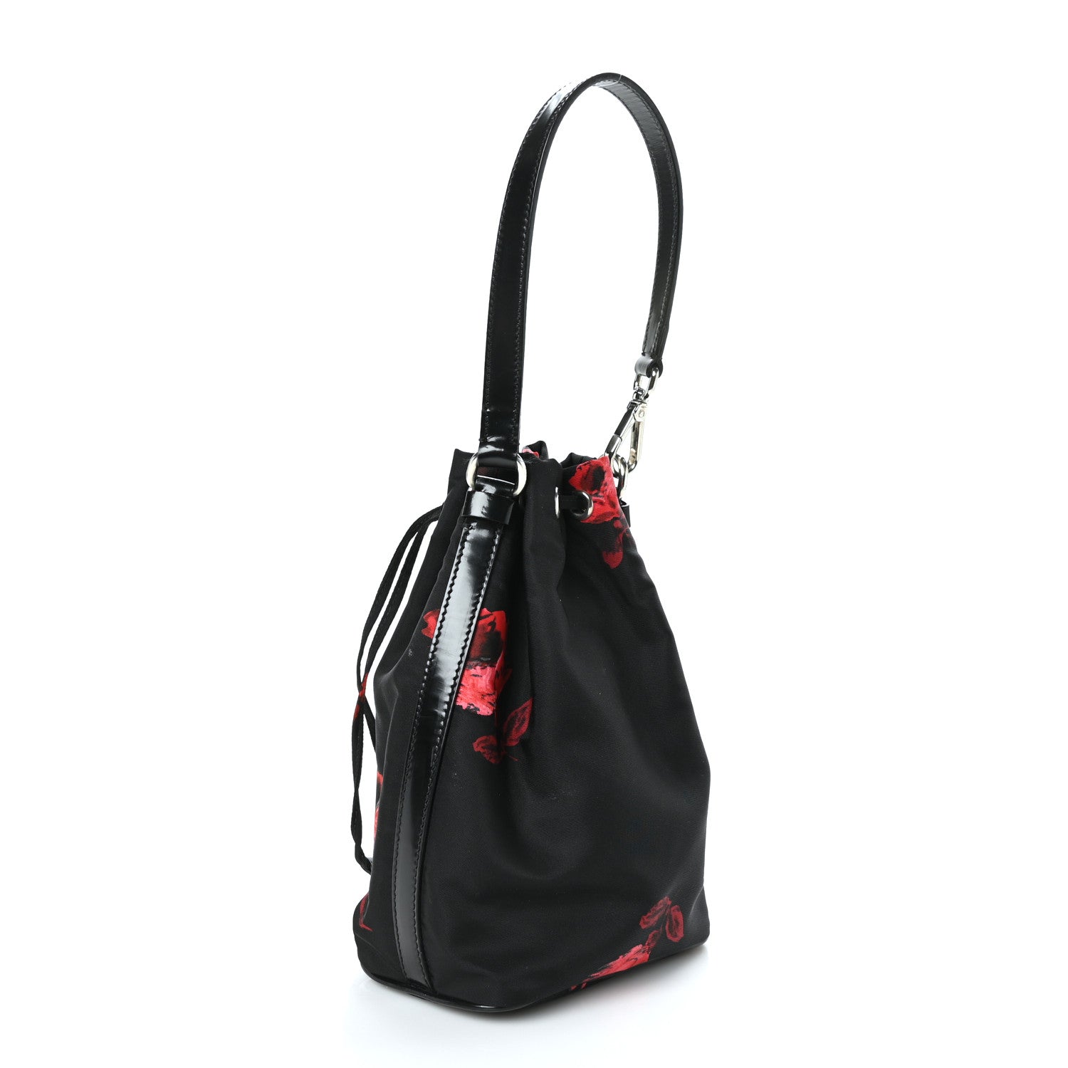 Prada Tessuto Nylon Spazzolato Rose Print Bucket Bag Black Rosso 2 of 7