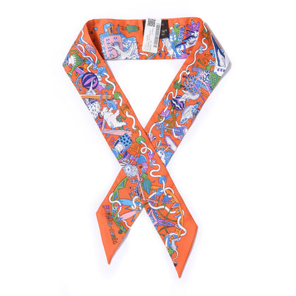 Hermes Silk La Folle Parade Twilly Orange Bleu White 1 of 4