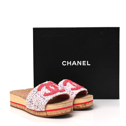 Chanel Tweed Lambskin Logo Mules 38 Pink Red 9 of 9