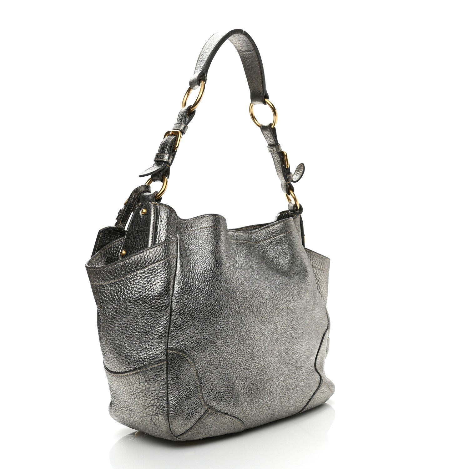 Prada Metallic Vitello Daino Side Pocket Tote Bag Acciaio 3 of 14