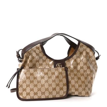 Gucci Varnished Monogram Web Small Giglio Tote Sand Dark Brown 3 of 11