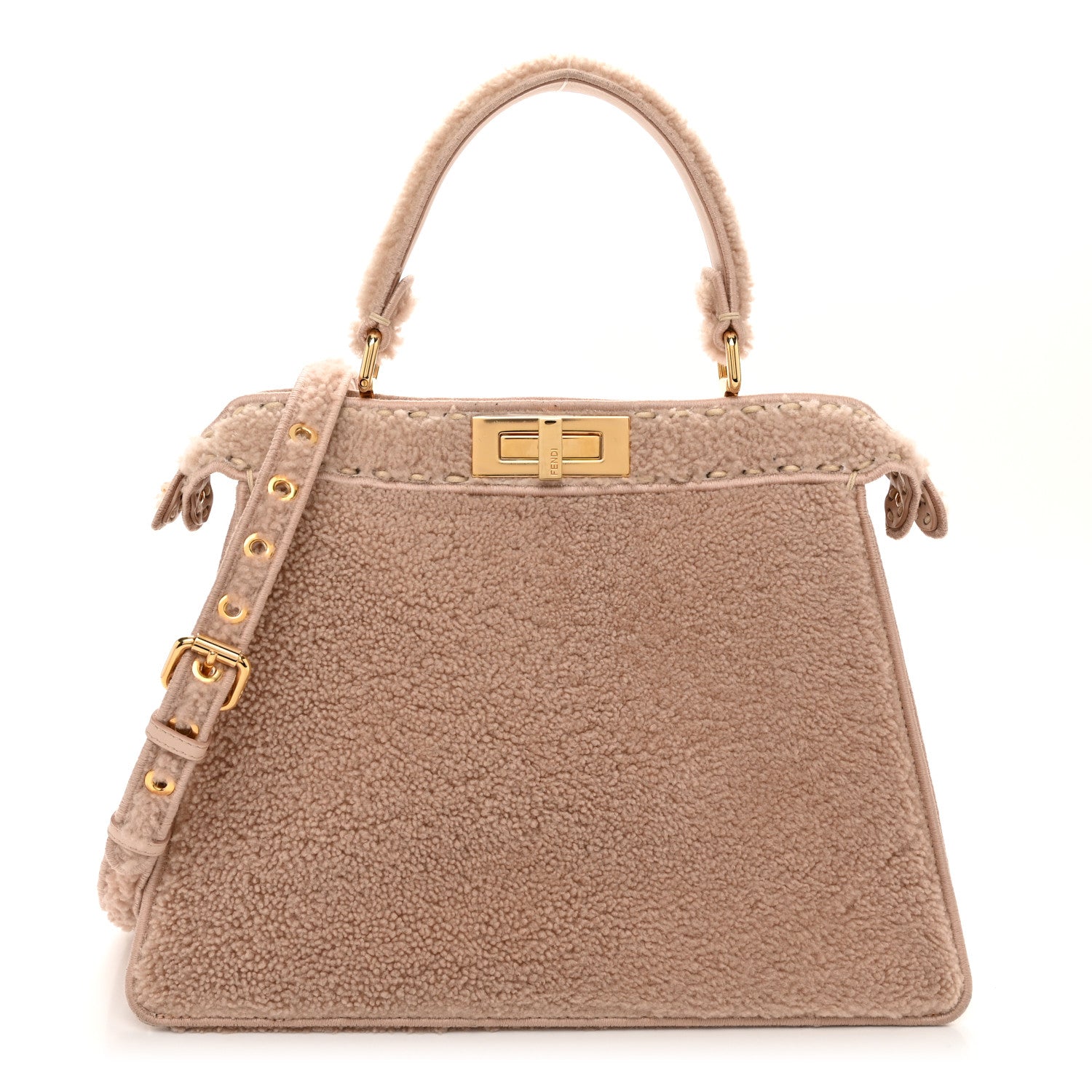 Fendi Curly Shearling Shiny Nappa Medium Peekaboo I SEE U Satchel Rosa Plaster 1 of 12