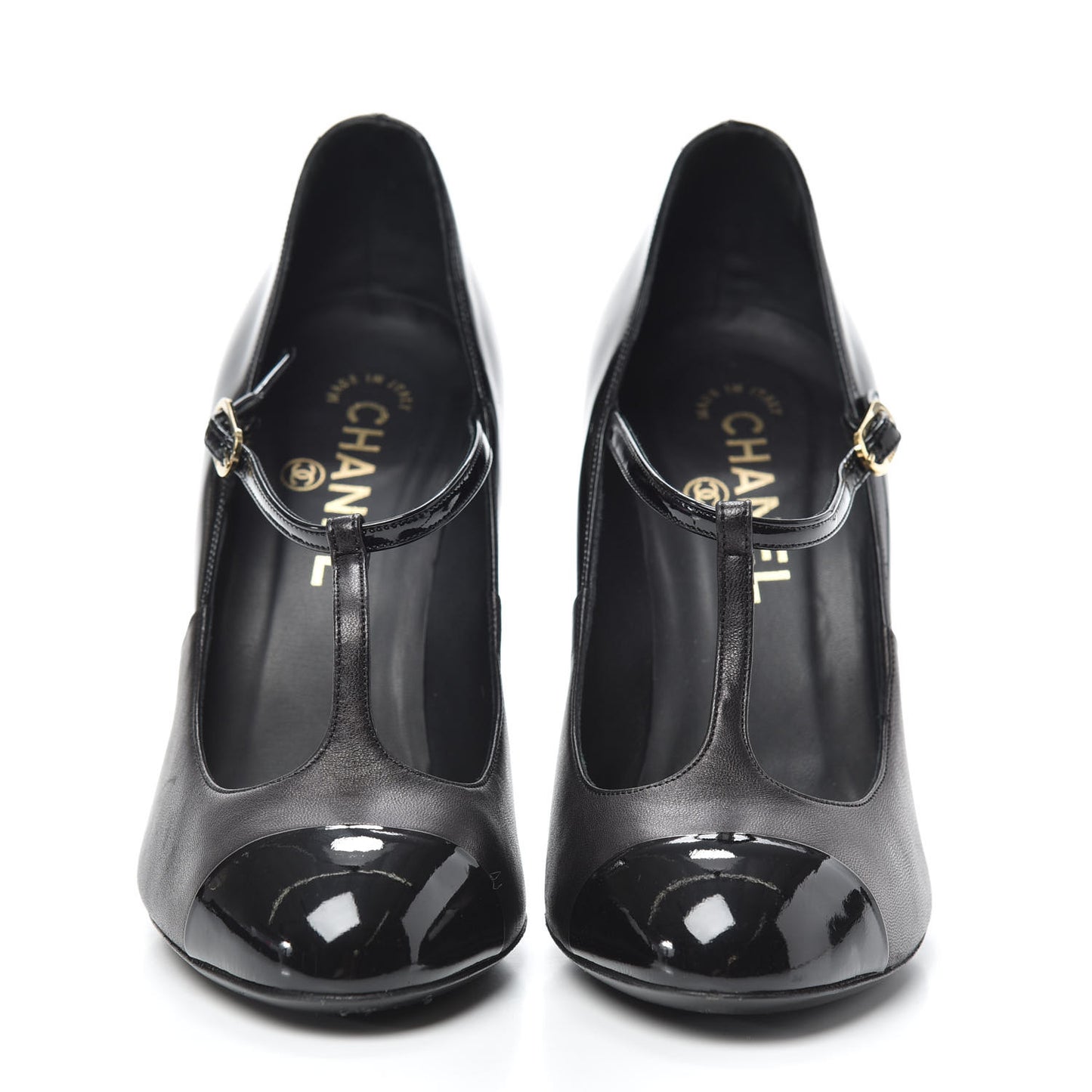 Lambskin Patent Cap Toe T Strap Pumps 37.5 Black