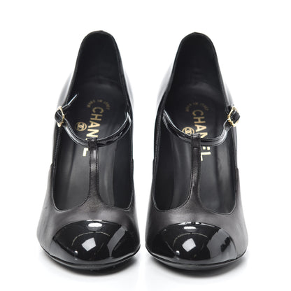 Chanel Lambskin Patent Cap Toe T Strap Pumps 37.5 Black 2 of 7