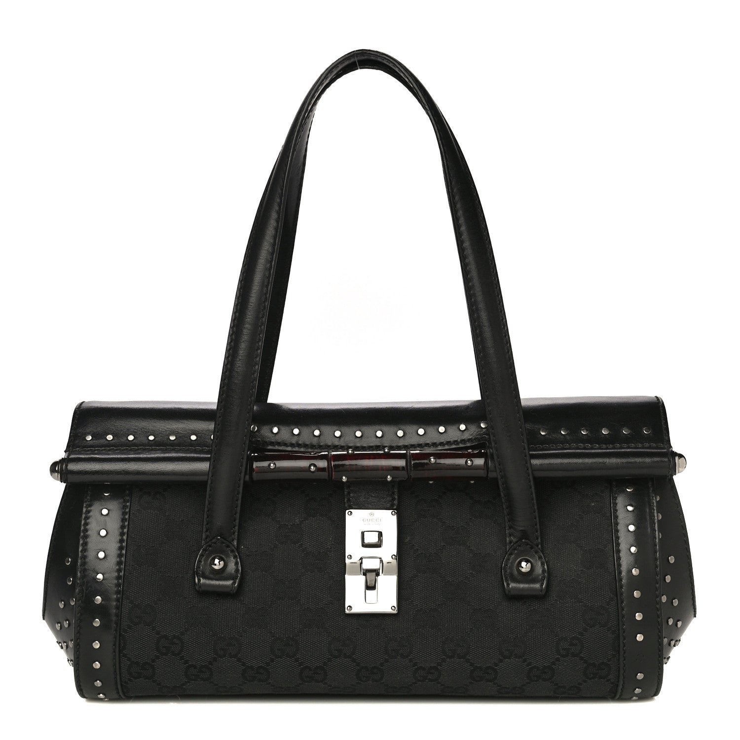 Gucci Monogram Studded Bamboo Bullet Satchel Black 1 of 16