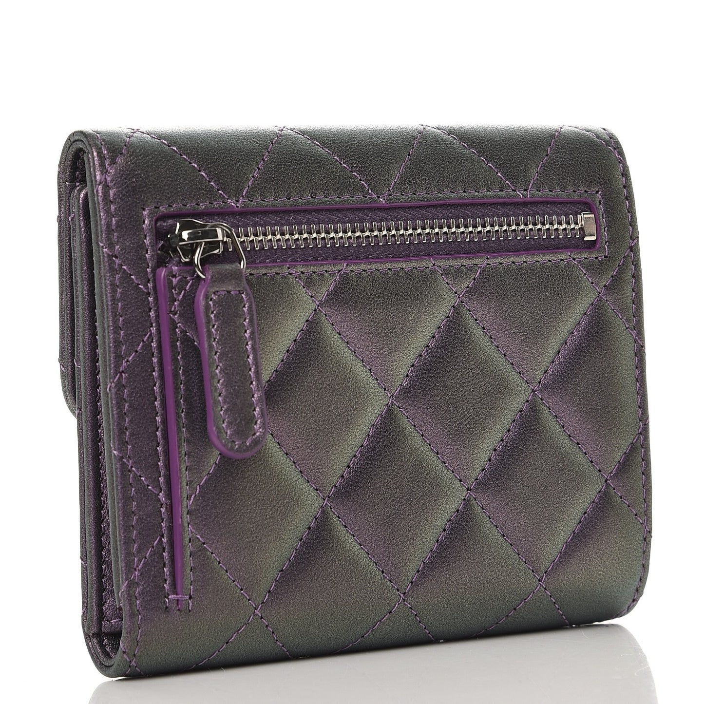 Metallic Lambskin Quilted Compact Flap Wallet Purple