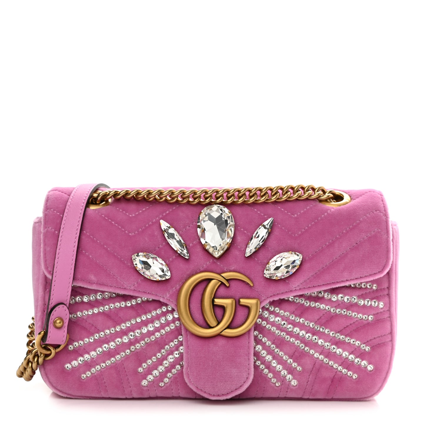 Velvet Matelasse Marquise Crystals Embroidered Small GG Marmont Shoulder Bag Malva