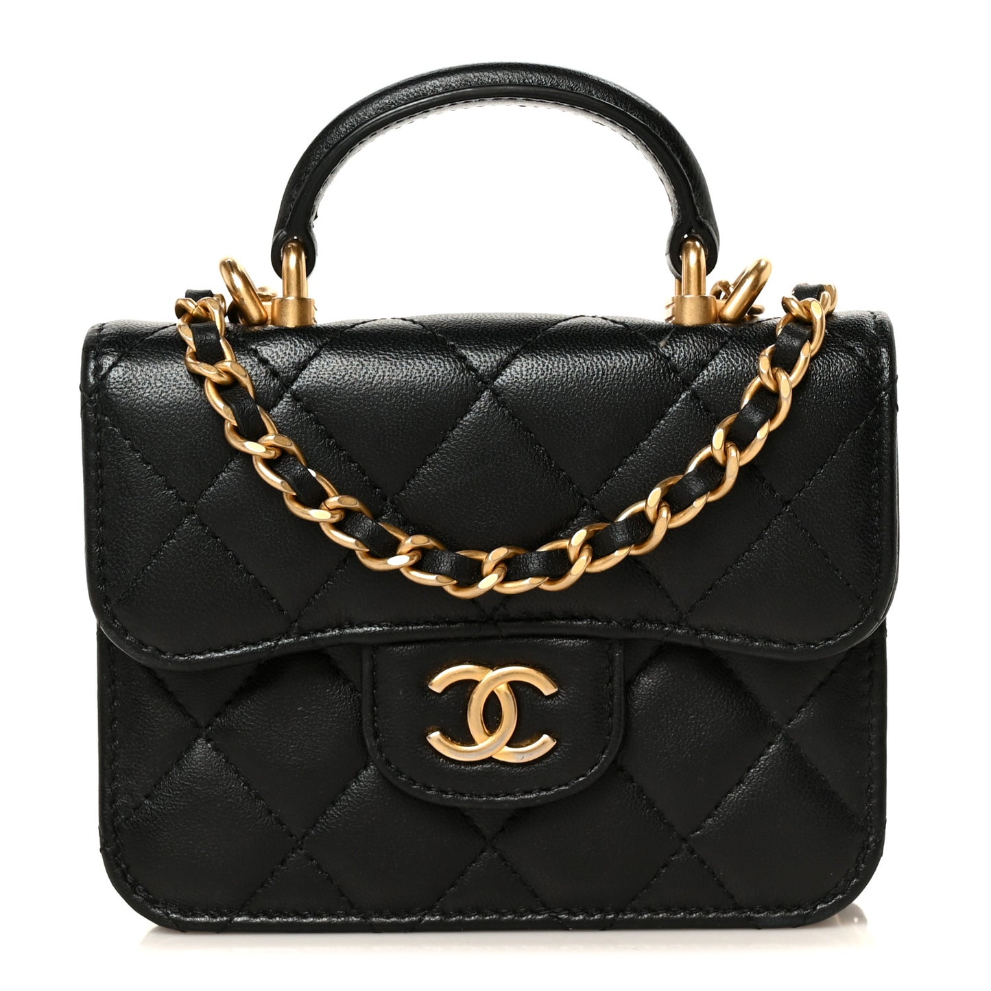 Lambskin Quilted Top Handle Flap Coin Purse With Chain Black