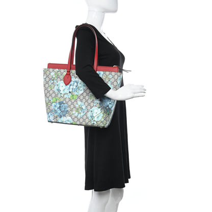 Gucci GG Supreme Monogram Blooms Medium Zippered Bucket Tote Beige Blue Navy Hibiscus Red 2 of 8