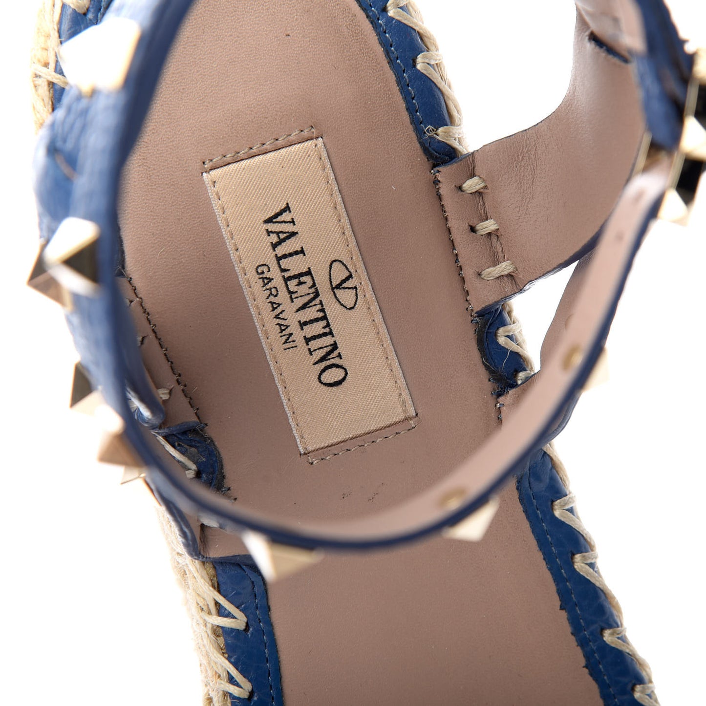 Grained Calfskin Rockstud Ankle Strap Espadrille Flat Sandals 41 Baltique