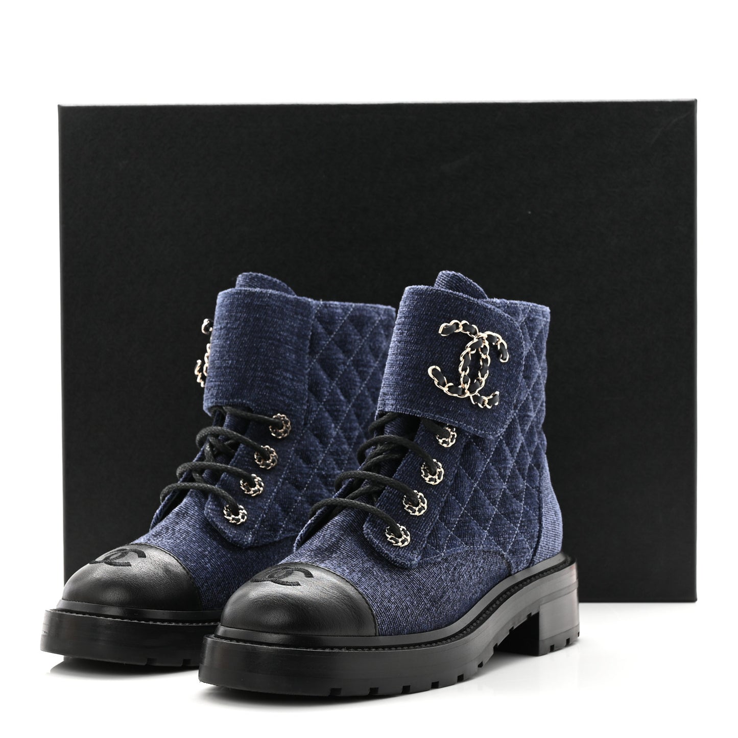 Denim Calfskin Quilted Lace Up Combat Boots 37.5 Blue