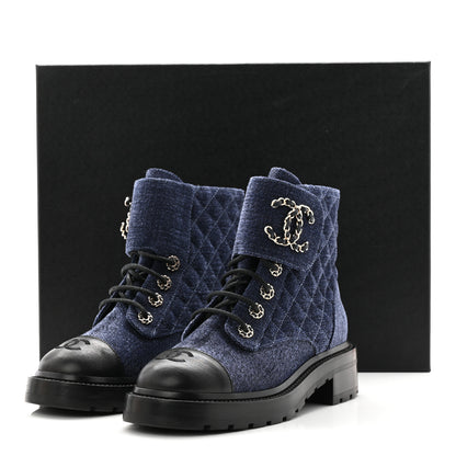 Chanel Denim Calfskin Quilted Lace Up Combat Boots 37.5 Blue 11 of 11