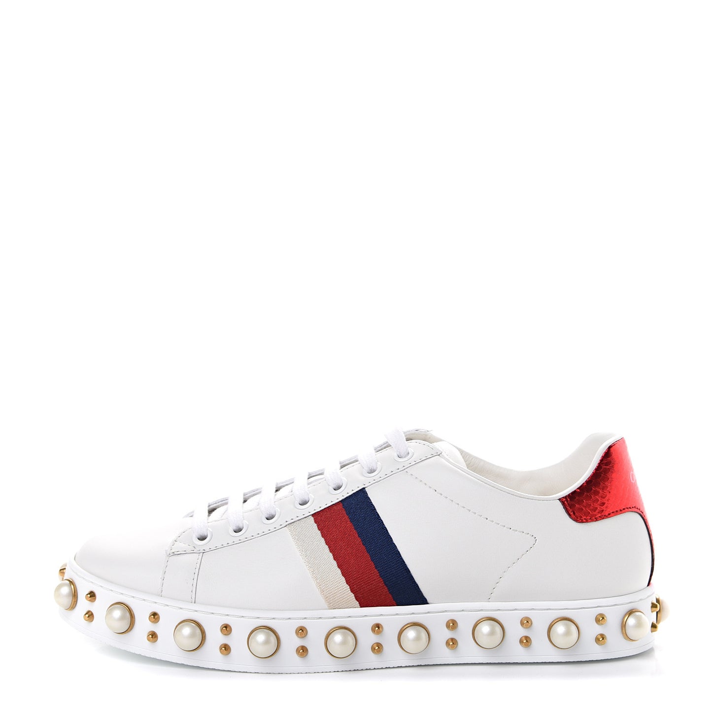 Calfskin Ayers Web Pearl Studded Womens Ace Sneakers Sneakers 39 White