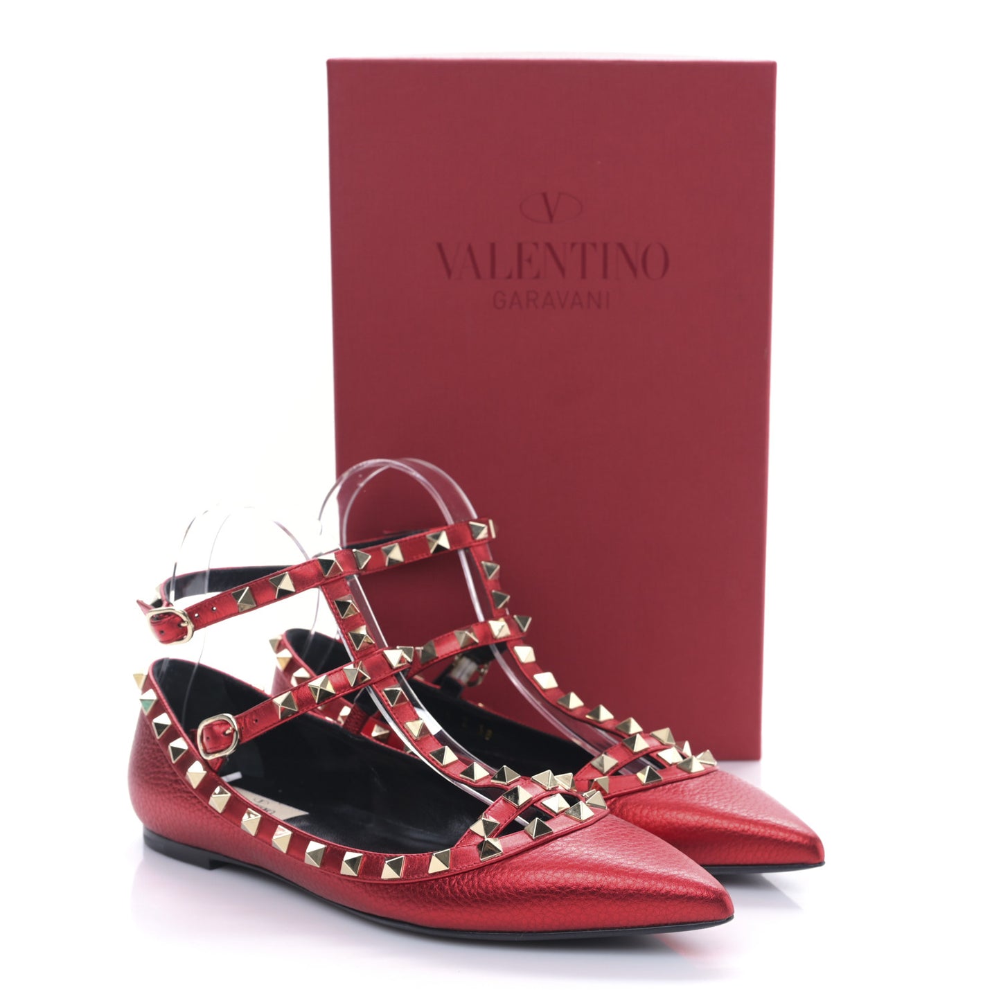 Metallic Pebbled Calfskin Rockstud Cage Ballerina Flats 38 Rosso Valentino