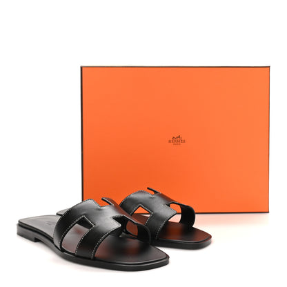 Hermes Box Calfskin Oran Sandals 38 Black 10 of 10