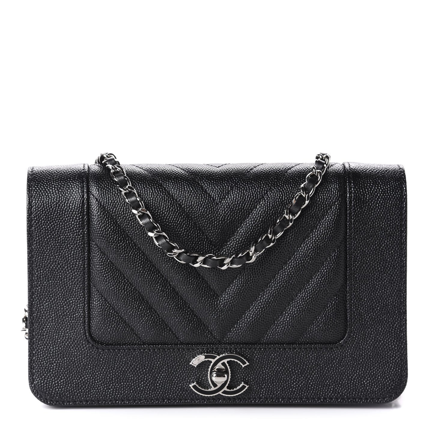Caviar Chevron Quilted Vintage Mademoiselle Wallet On Chain WOC Black