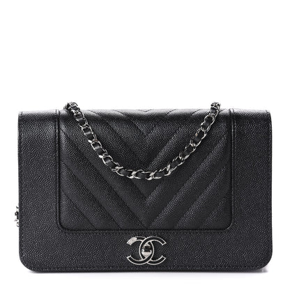 Chanel Caviar Chevron Quilted Vintage Mademoiselle Wallet On Chain WOC Black 1 of 12