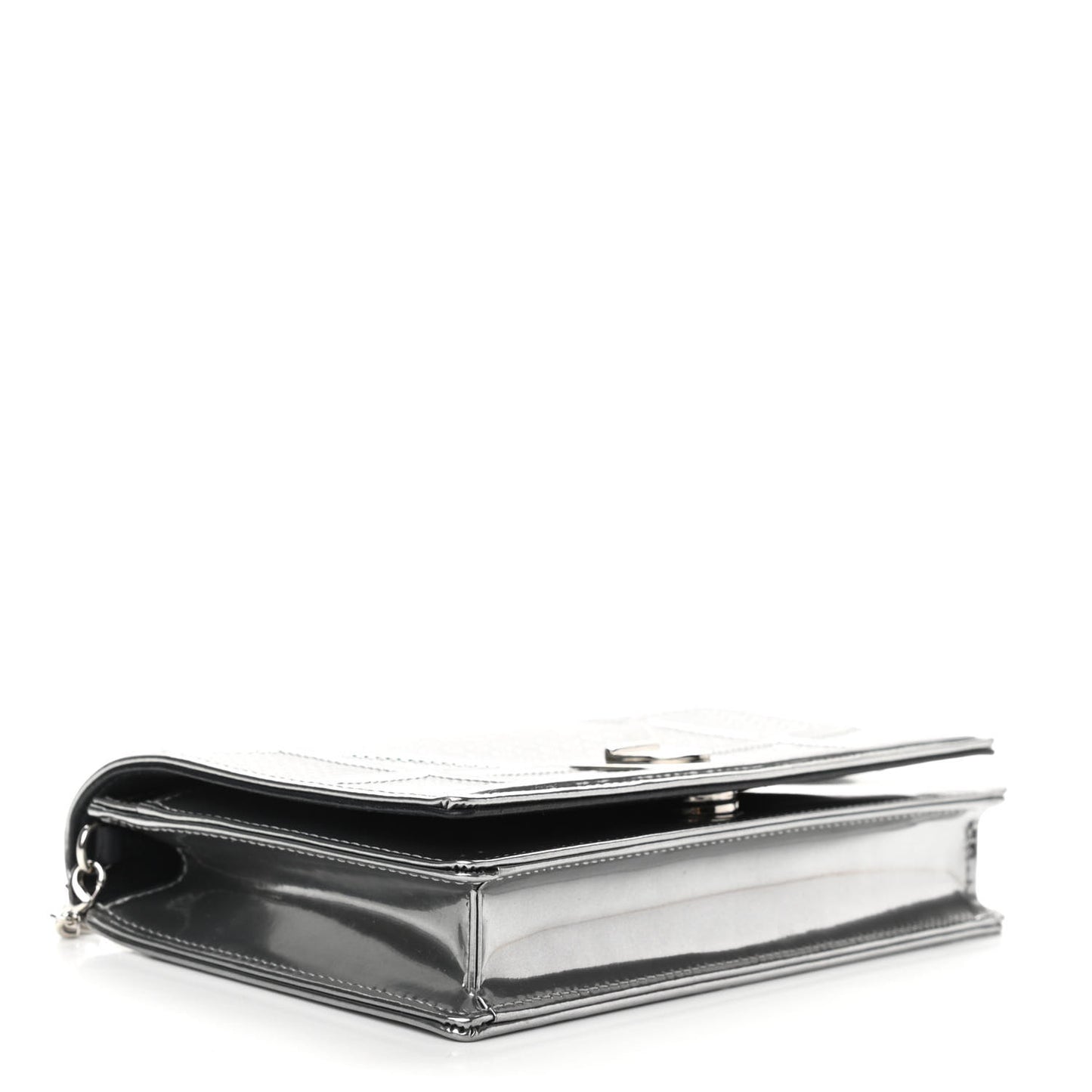Metallic Patent Micro-Cannage Diorama Wallet on Chain Pouch Silver