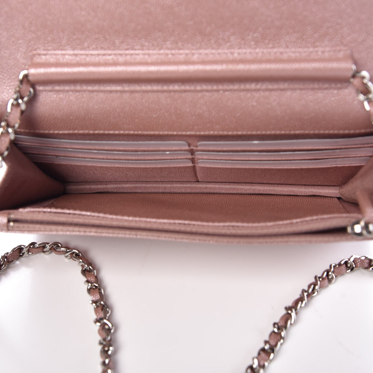 Metallic Caviar Chevron Quilted Vintage Mademoiselle Wallet On Chain WOC Pink