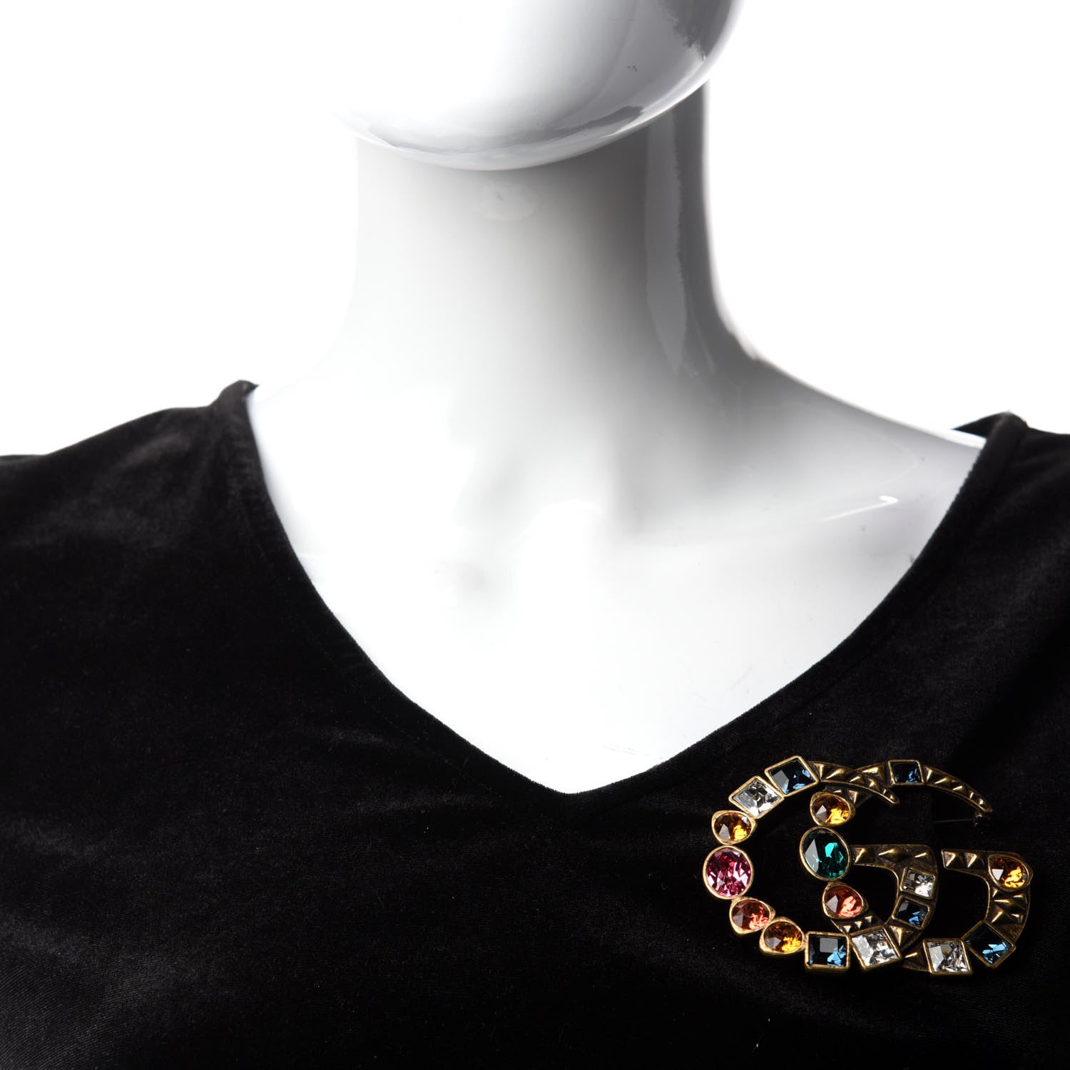 Gucci Metal Crystal Double G Brooch Aged Gold Multicolor 2 of 4