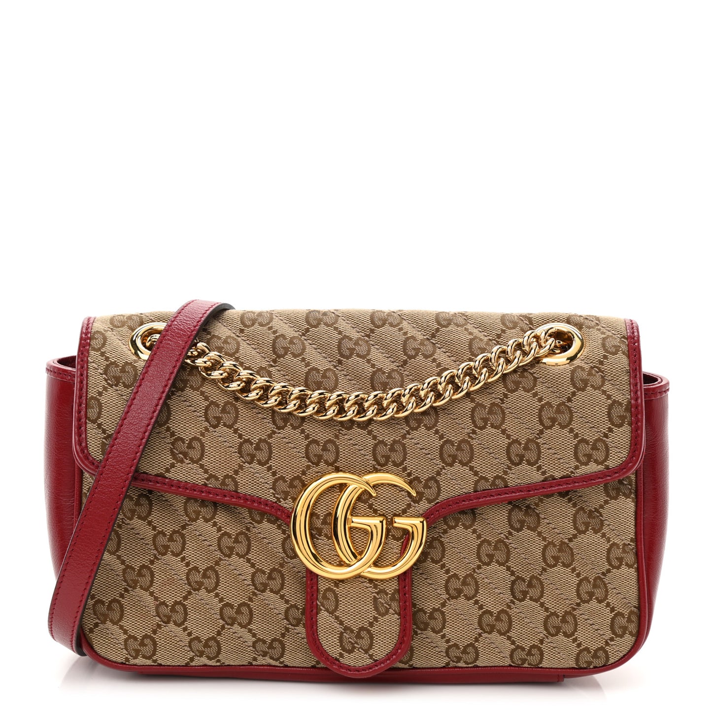 Monogram Azalea Calfskin Matelasse Diagonal Small GG Marmont Shoulder Bag Beige Ebony New Cherry Red