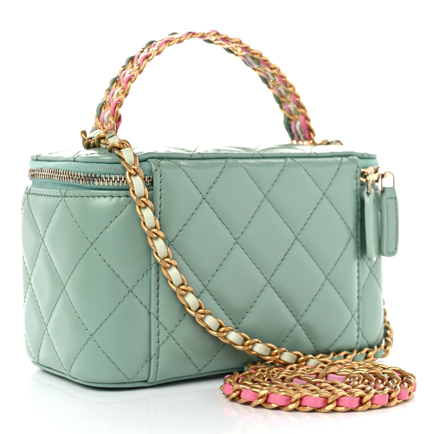 Shiny Calfskin Quilted Small Top Handle Vanity Case With Chain Light Green