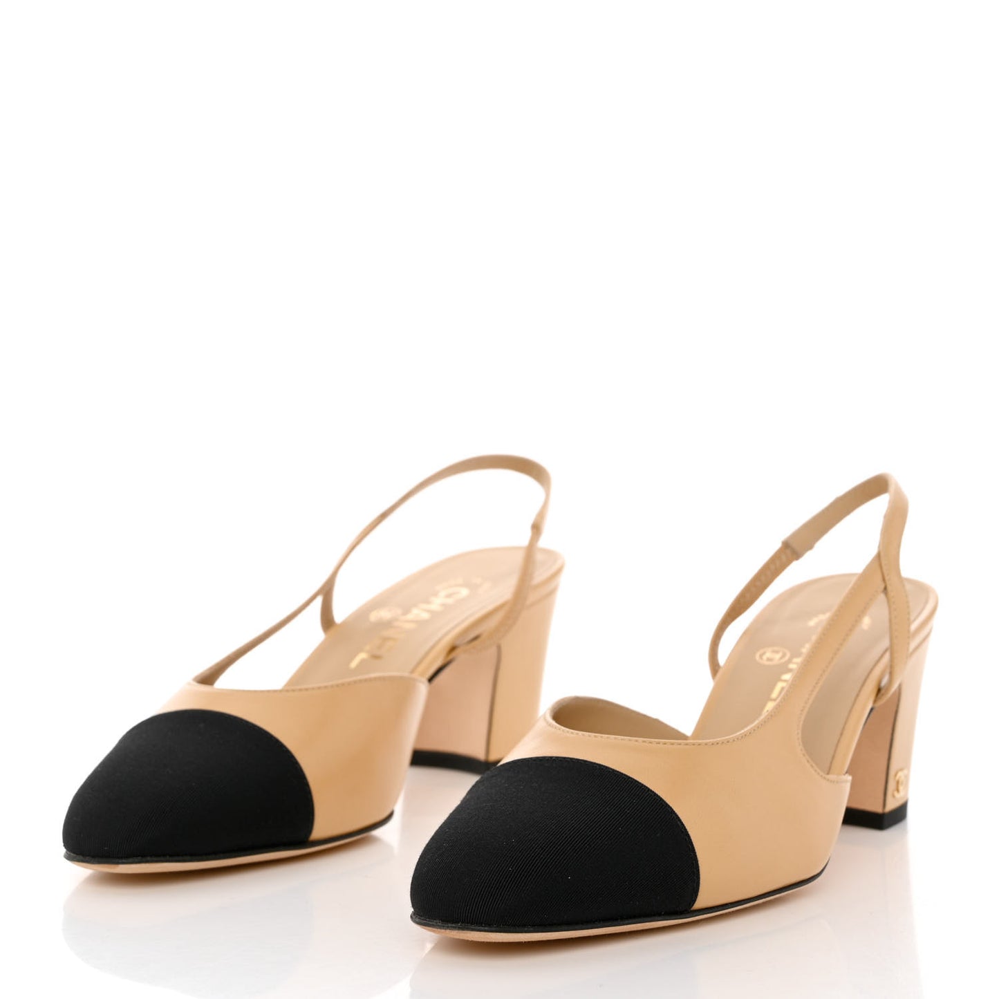 Goatskin Grosgrain Cap Toe CC Slingback Pumps 38 Beige Black