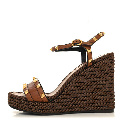 Valentino Garavani Calfskin Rockstud Torchon Espadrille 25/115mm Wedge Sandals 39 Cuoio 1 of 10