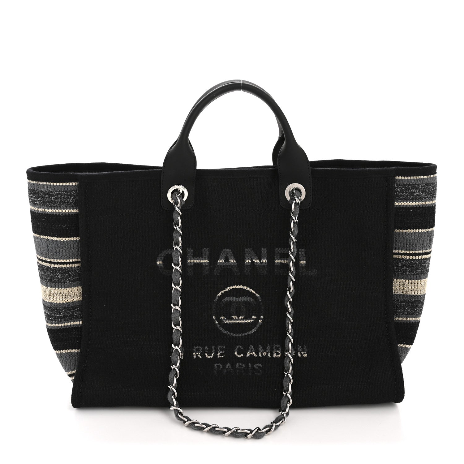 Chanel Striped Canvas Medium Deauville Tote Grey Black 1 of 11