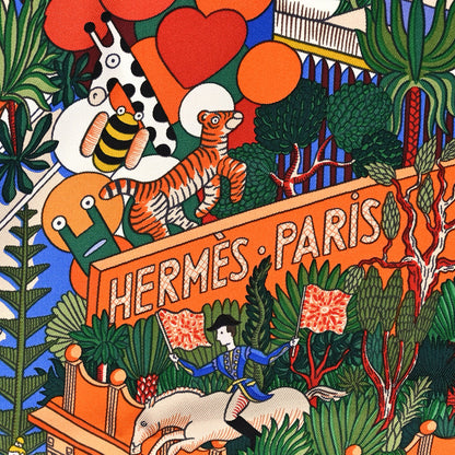 Hermes Silk Animapolis Scarf 90 Orange Vert Bleu 2 of 5