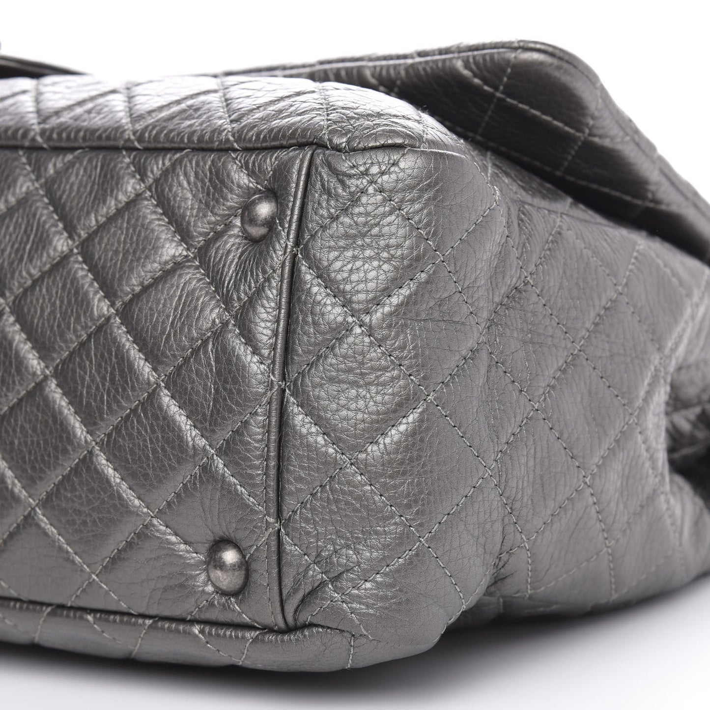 Metallic Calfskin Quilted XXL Travel Flap Bag Dark Silver