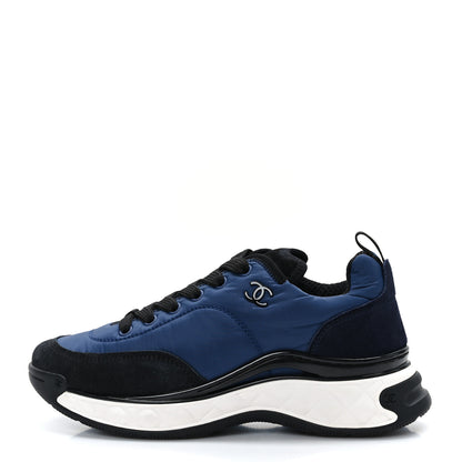 Chanel Nylon Suede Calfskin Womens Logo Sneakers Dark Navy Blue 37 1 of 7