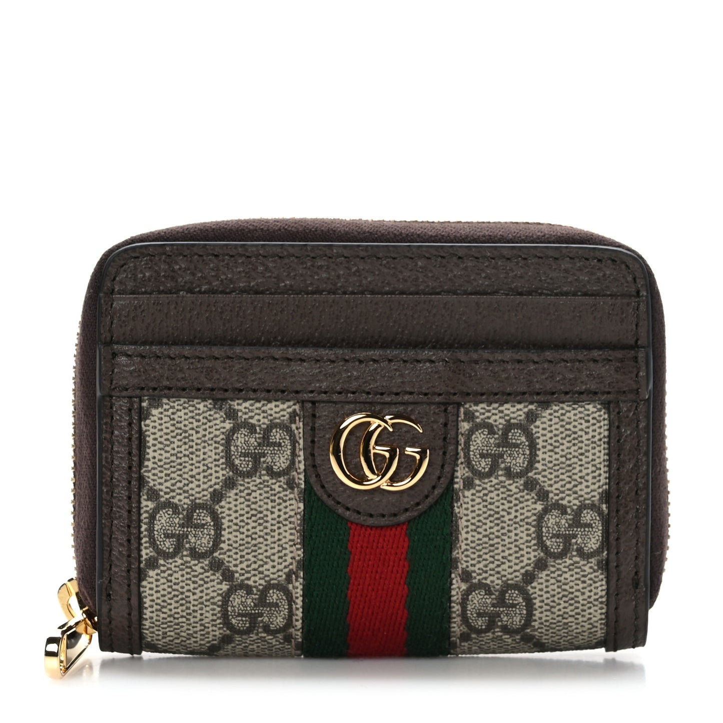 GG Supreme Monogram Textured Dollar Calfskin Web Ophidia Zip Around Card Case Wallet Beige Ebony New Acero