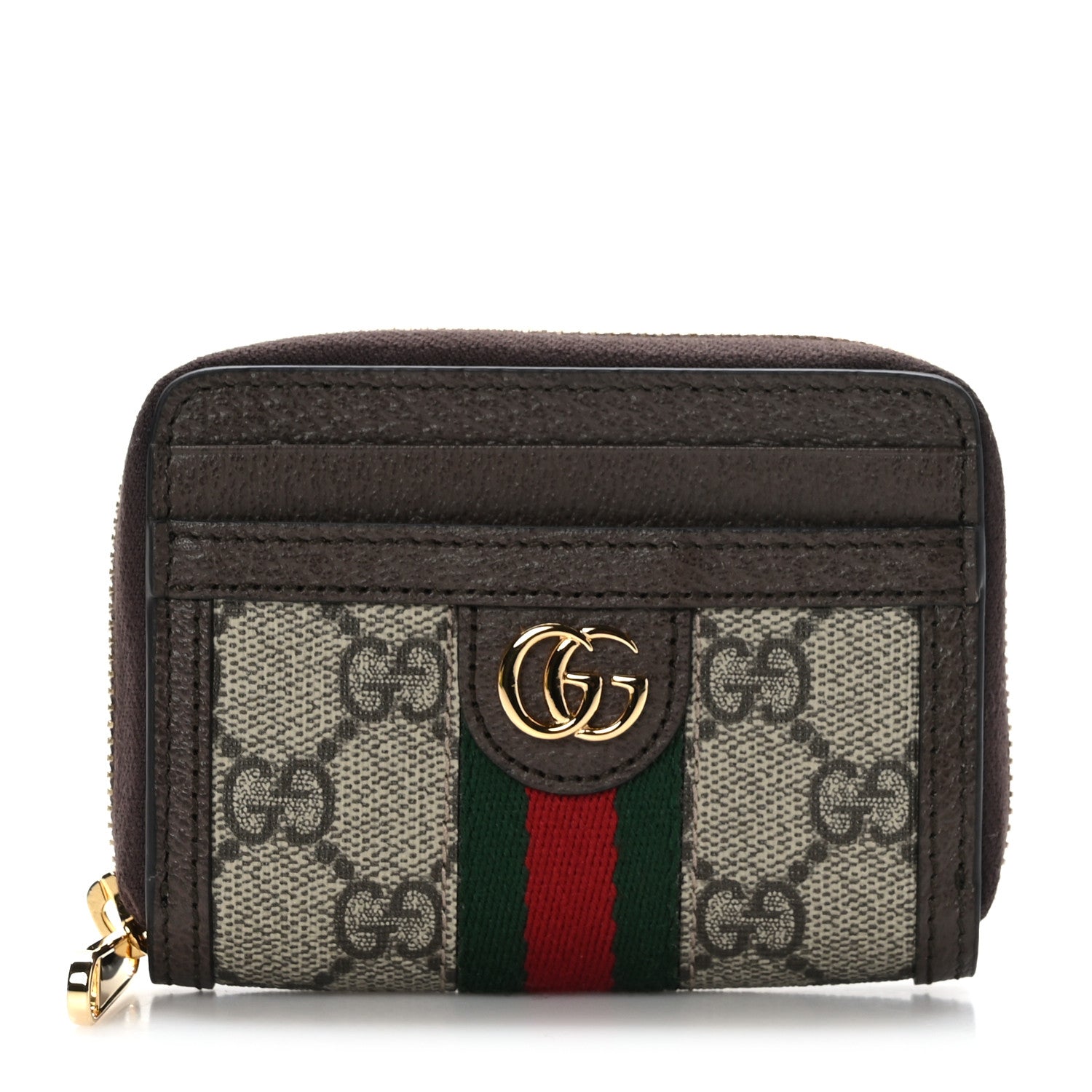 Gucci GG Supreme Monogram Textured Dollar Calfskin Web Ophidia Zip Around Card Case Wallet Beige Ebony New Acero 1 of 7
