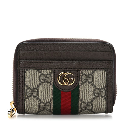 Gucci GG Supreme Monogram Textured Dollar Calfskin Web Ophidia Zip Around Card Case Wallet Beige Ebony New Acero 1 of 7